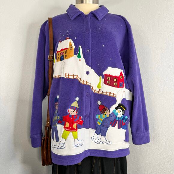 Vintage Winter Wonderland Snow Scene Purple Fleece Cardigan Quacker Factory 1X - Picture 1 of 11